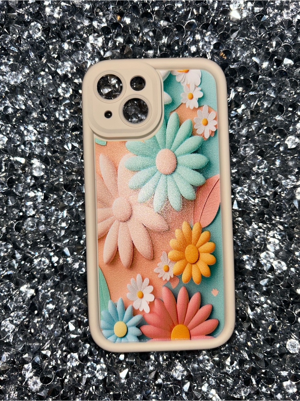 Floral Textured Protective Phone Case - Cream Frame with Multicolor Flowers